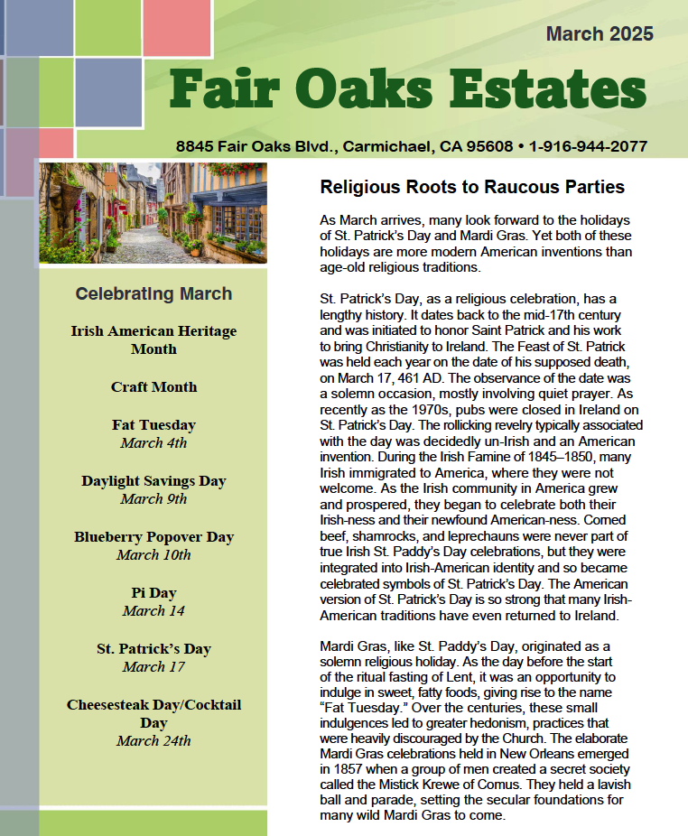 Newsletter titled "Fair Oaks Estates" featuring January events and a Christmas 2024 recap with photos of people celebrating.
