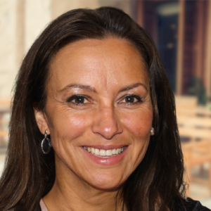 A woman with long brown hair smiling in front of a building.